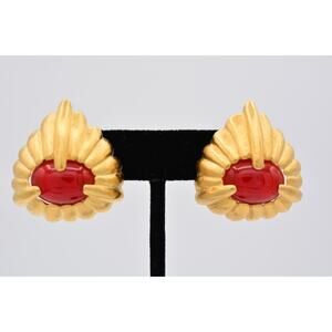 Givenchy Vintage Cabochon Clip On Earrings Red Brushed Gold Chunky Signed BinAY